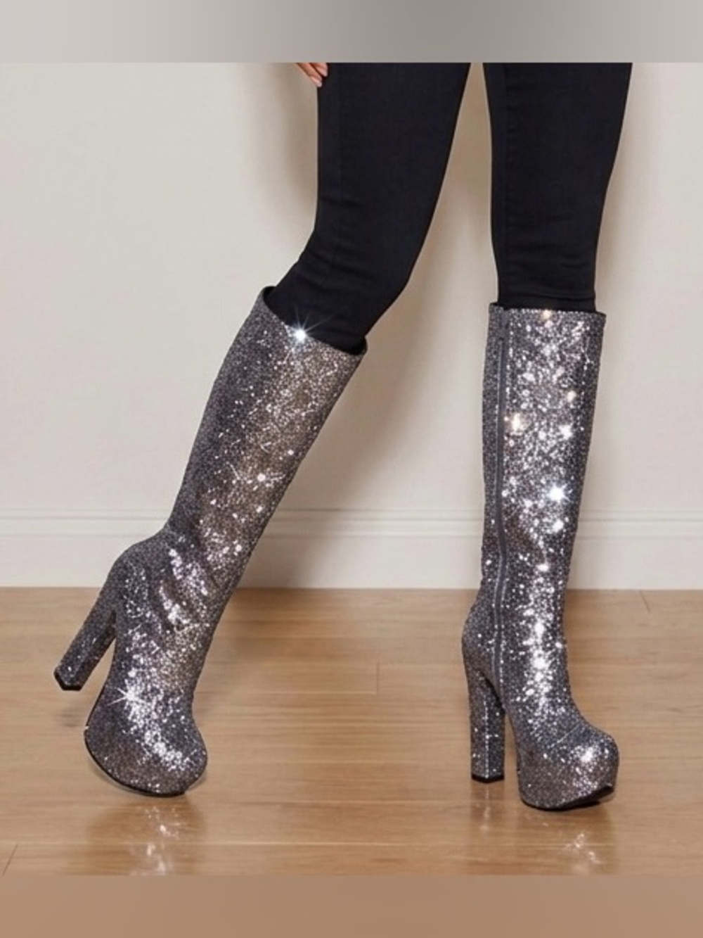 Vintage Luichiny Glitter Hot to Trot Platform Knee-High Boots – Pewter